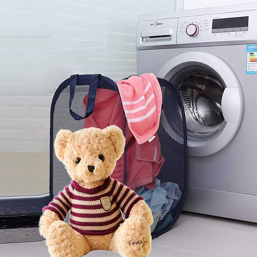 Larpur Popup Mesh Laundry Basket, Collapsible And Portable Clothes Washing Laundry Hamper With Reinforced Carry Handle (Blue)